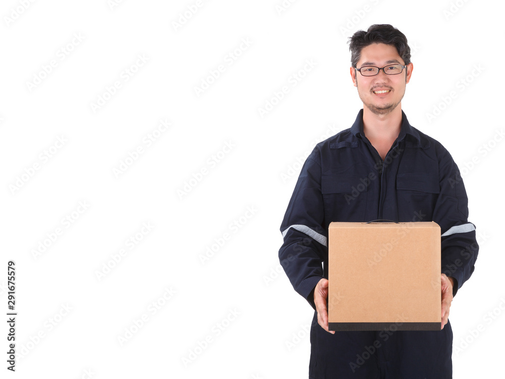 Asian Delivery Person or postman with parcel box in blue Suit. Postal delivery service. White Background. ISOLATED COPY SPACE . Asian Delivery Person or postman with parcel box in blue Suit. Postal delivery service. White Background. ISOLATED COPY SPACE .