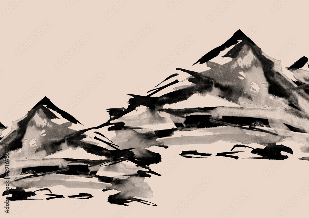 Black silhouette of mountains. The drawing is made in black paint