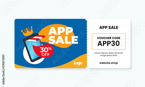App sale gift voucher card promotion with coupon code text. flat vector smartphone illustration artwork template design