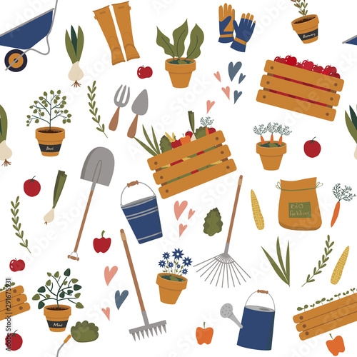 Seamless pattern with vector gardening elements. Gardening and farming tools and equipment, plants in pots, rubber boots and gloves, harvest vegetables and fruits in boxes.