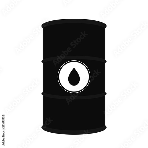 Vector flat oil barrel. Tank with a sticker of a drop of black oil. The object is separate from the background. Illustration for articles, slides, banners and your design.