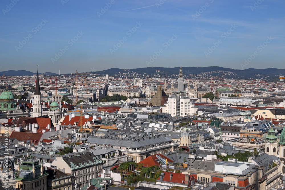 Vienna cityscape old and modern buildings and churches towers Austria