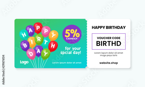 Birthday gift voucher card template design. 5% cashback coupon code promotion with set of birthday balloon artwork background vector illustration.