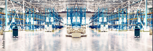Wide panoramic industrial collage. Typical storage, warehouse interior. Selective focus. Copy space. 