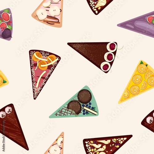 Sweet cake slices vector seamless pattern. Delicious desserts background. Confection with various toppings top view. Tasty confectionery, pastry assortment wrapping paper, wallpaper textile design.