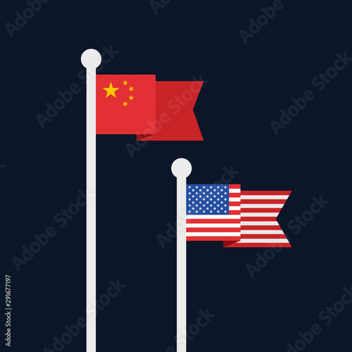 Comparison and competition between USA and China - Chinese flag is superior winning winner to inferior and losing American flag. Vector illustration.