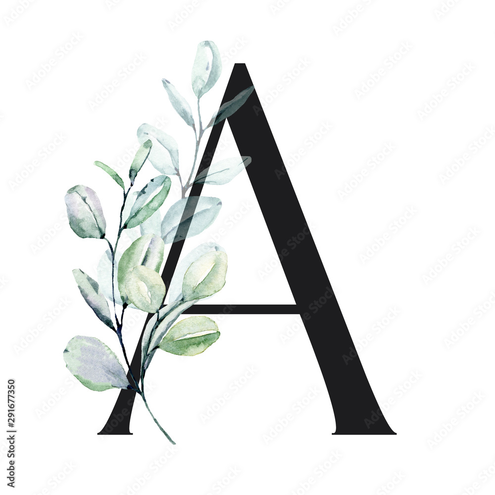 Letter A, Floral alphabet with watercolor leaves eucalyptus. Monogram ...