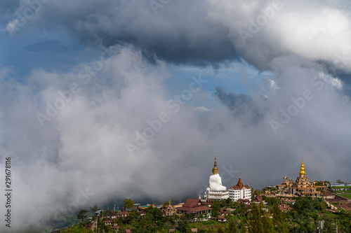 Lanscape of beautyful Phasonkeaw temple in middle mountains with clouds and fog at Phetchabun Province, Thailand.