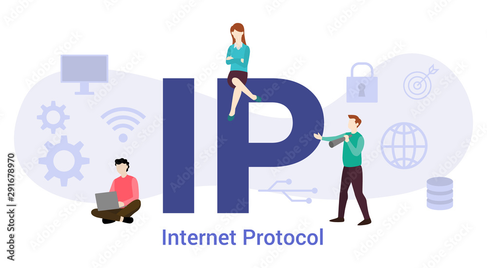 ip internet protocol concept with big word or text and team people with modern flat style - vector