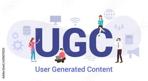 ugc user generated content concept with big word or text and team people with modern flat style - vector