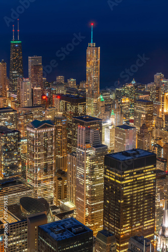 Aerial view of Chicago cityscape skyscraper under the blue sky at beautiful twilight time in Chicago, Illinois, United States, Landscape and Modern Architecture concept
