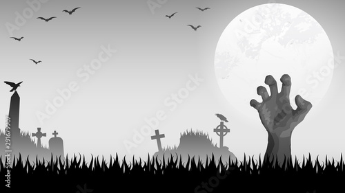 Halloween zombie hand in front of full moon