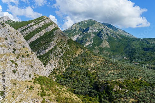 peaks and slopes of mountains covered with vegetation against a blue sky