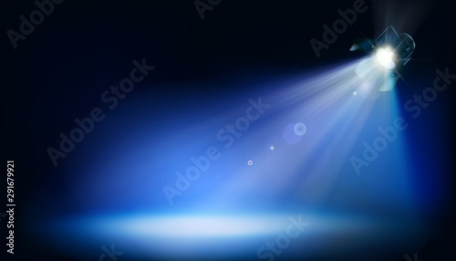 Stage illuminated by theatrical spotlight during the show. Blue background. Place for the exhibition. Vector illustration.