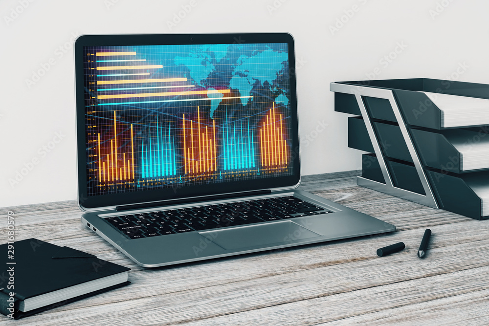 Laptop closeup with forex graph and world map on computer screen. Financial trading and education concept. 3d rendering. Laptop closeup with forex graph and world map on computer screen. Financial trading and education concept. 3d rendering.