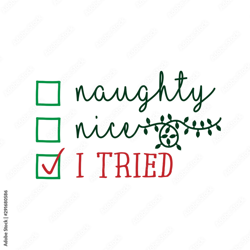 Naughty, nice, I tried - Funny calligraphy phrase for Christmas. Hand drawn  lettering for Xmas greetings cards, invitations. Good for t-shirt, mug,  gift, printing press. Holiday quotes. Stock Vector | Adobe Stock