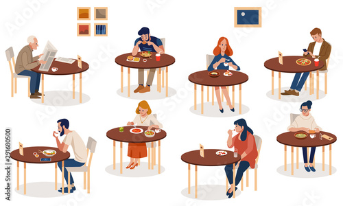 Collection of cute people sitting at tables and eating different delicious meals. Set of men and women trying tasty food at restaurant or cafe. Colorful flat cartoon style isolated vector illustration