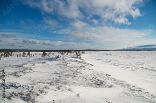 winter landscape with lake and blue sky