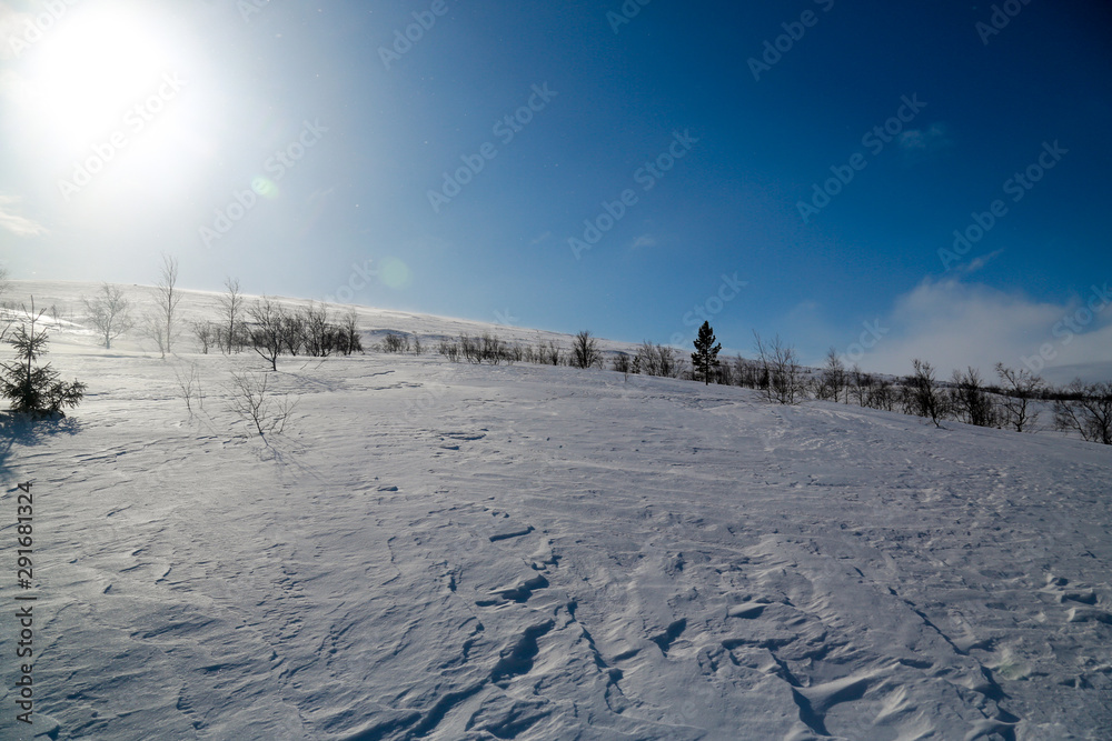 winter landscape with frozen river and blue sky