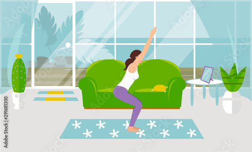 A vector illustration A girl practices yoga in a energy pose at home, in a cozy living room. Design of a modern room with furniture and accessories.