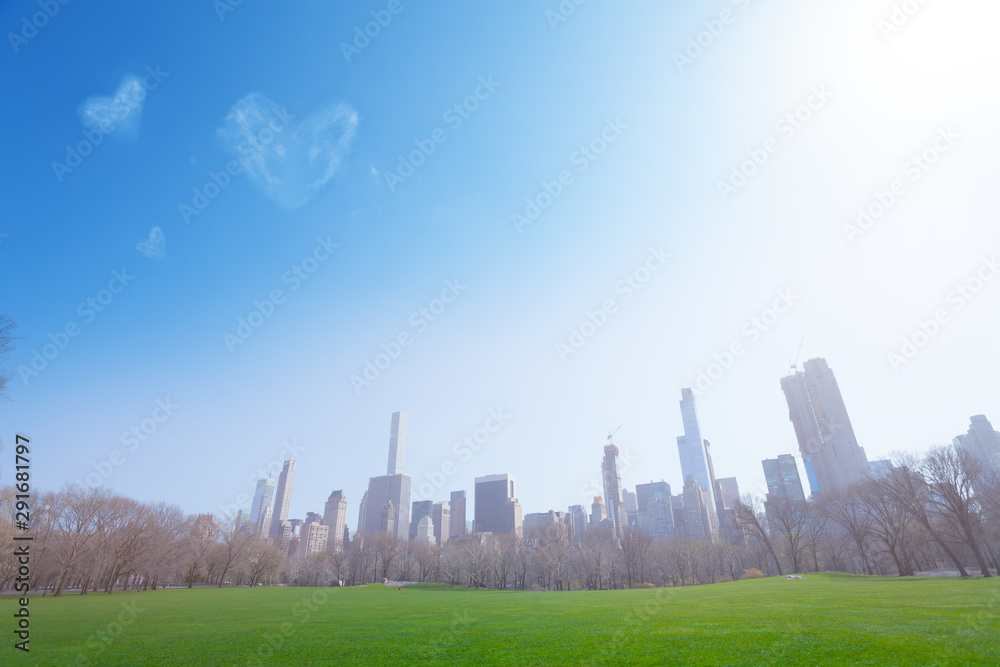 Heart love shape clouds over New York panorama