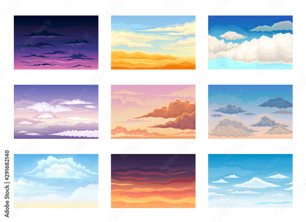 Set of clouds in the sky at different times of the day. Vector illustration.