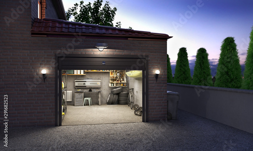 Garage exterior in the evening with open door, 3d illustration