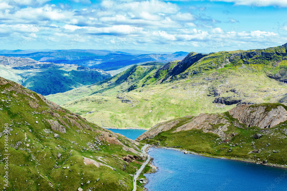 View of beautiful lakes in North Wales, Snowdonia National Park, mountains on the back, selective focus