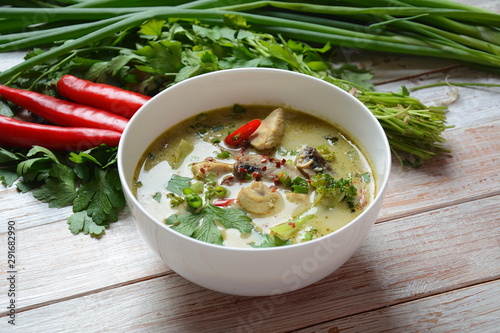 Traditional Thai cuisine, Thai Spicy Green curry chicken soup withcoconut milk, mushrooms and broccoli. Healthy food