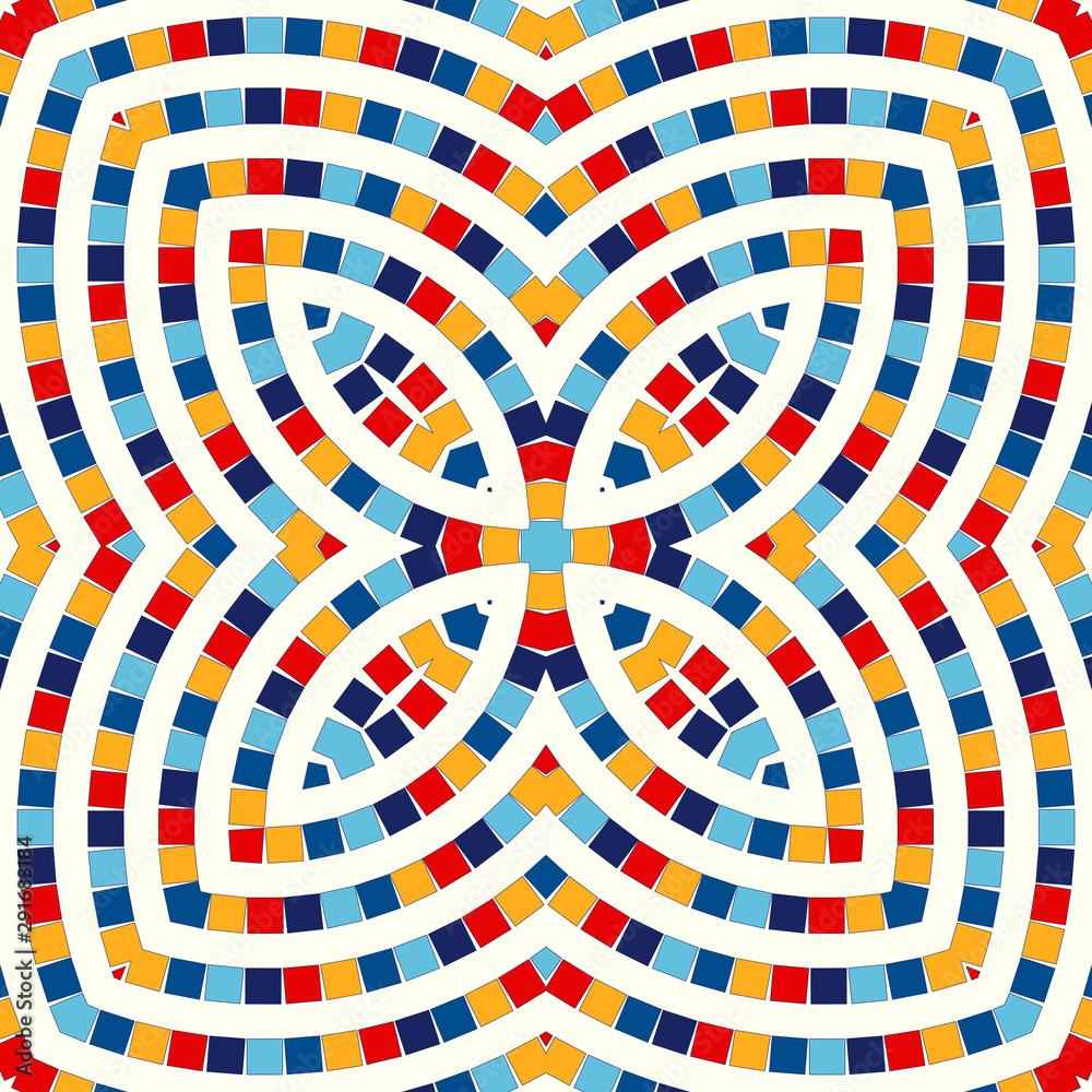 Seamless pattern with symmetric geometric ornament. Abstract stained glass bright background. Ethnic wallpaper. Seamless pattern with symmetric geometric ornament. Abstract stained glass bright background. Ethnic wallpaper.