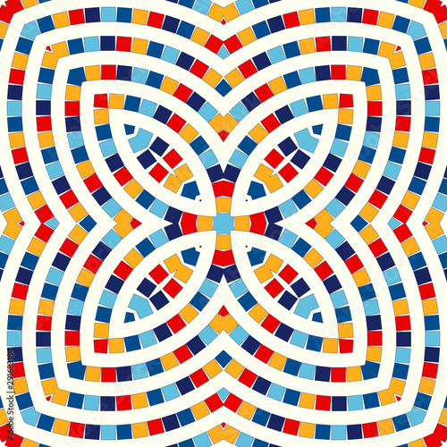 Seamless pattern with symmetric geometric ornament. Abstract stained glass bright background. Ethnic wallpaper.