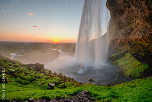 Beautiful Seljalandsfoss waterfall in Iceland during Sunset, Europe