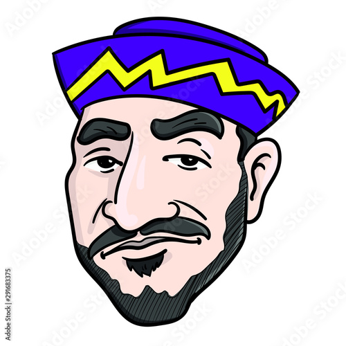 old school hip hop avatar head. man with stubble beard and purple cap with yellow stripes.