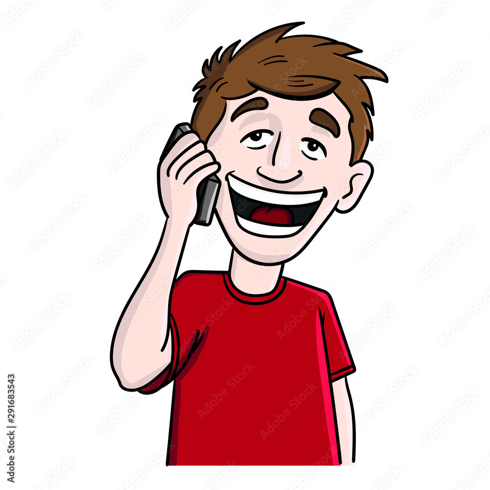 colored illustration of a laughing boy with red t shirt holding a smartphone in hand and phoning. colored illustration of a laughing boy with red t shirt holding a smartphone in hand and phoning.