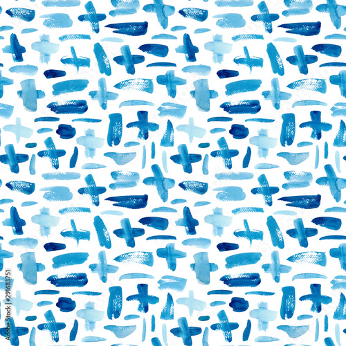 Seamless pattern with blue watercolor crosses or pluses and lines. Ultramarine watercolor wallpaper.