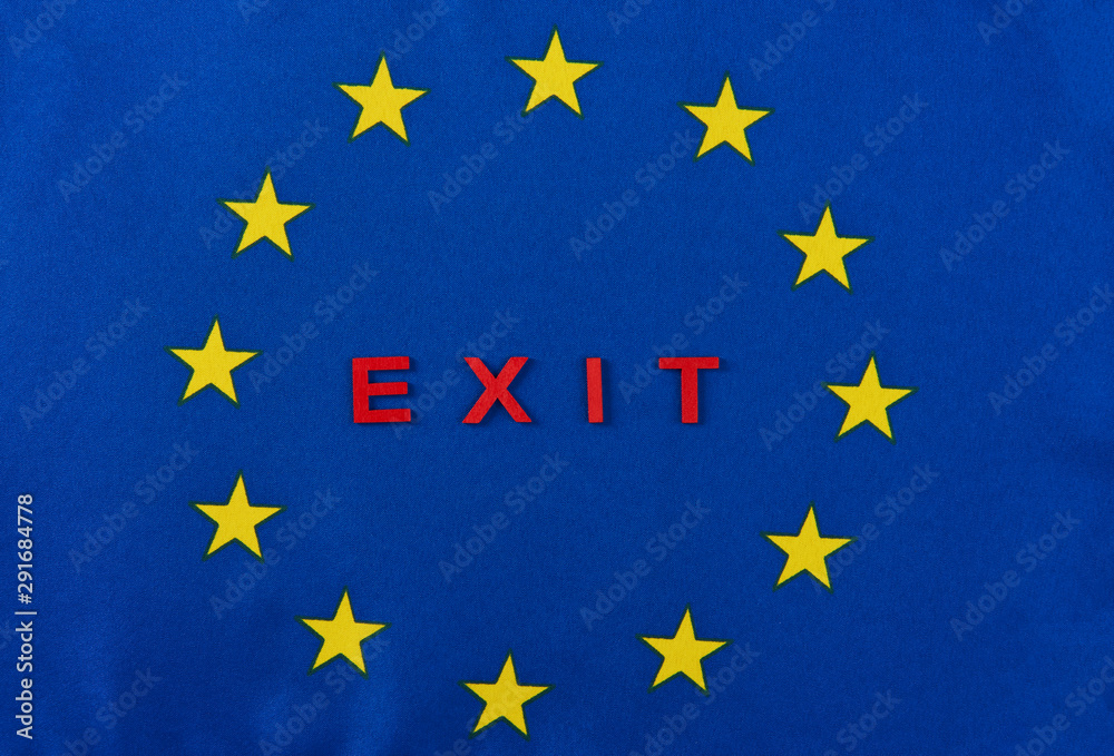 Close up of European Union flag with text exit Close up of European Union flag with text exit