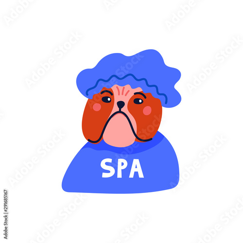 Happy cartoon english bulldog portrait on white background. Dog beauty salon....