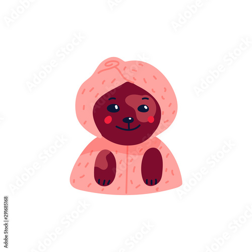 Happy cartoon puppy in a pink bathrobe and towel on white background. Dog bea...