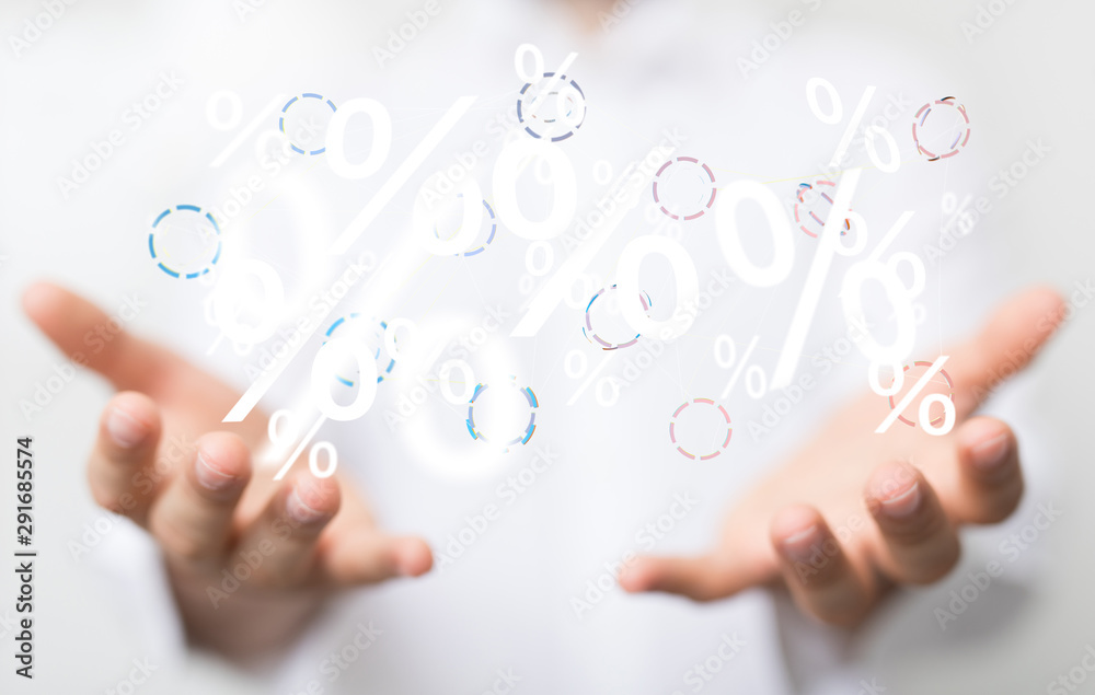 hand touches virtual percent icon hand touches virtual percent icon