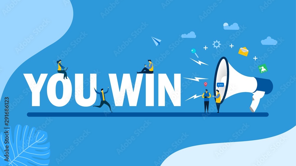 Naklejka premium Website or landing page of You win with Tiny People Character Concept Vector Illustration, Suitable For web landing page,Wallpaper, Background, Card, banner,Book Illustration