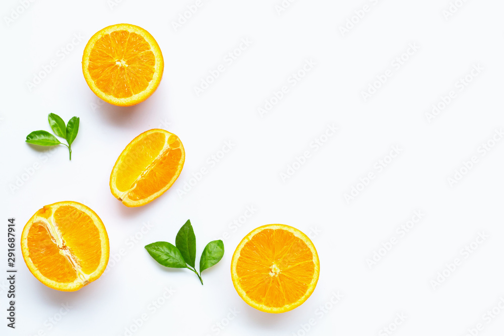 Fresh orange citrus fruit with leaves isolated on white background. Fresh orange citrus fruit with leaves isolated on white background.