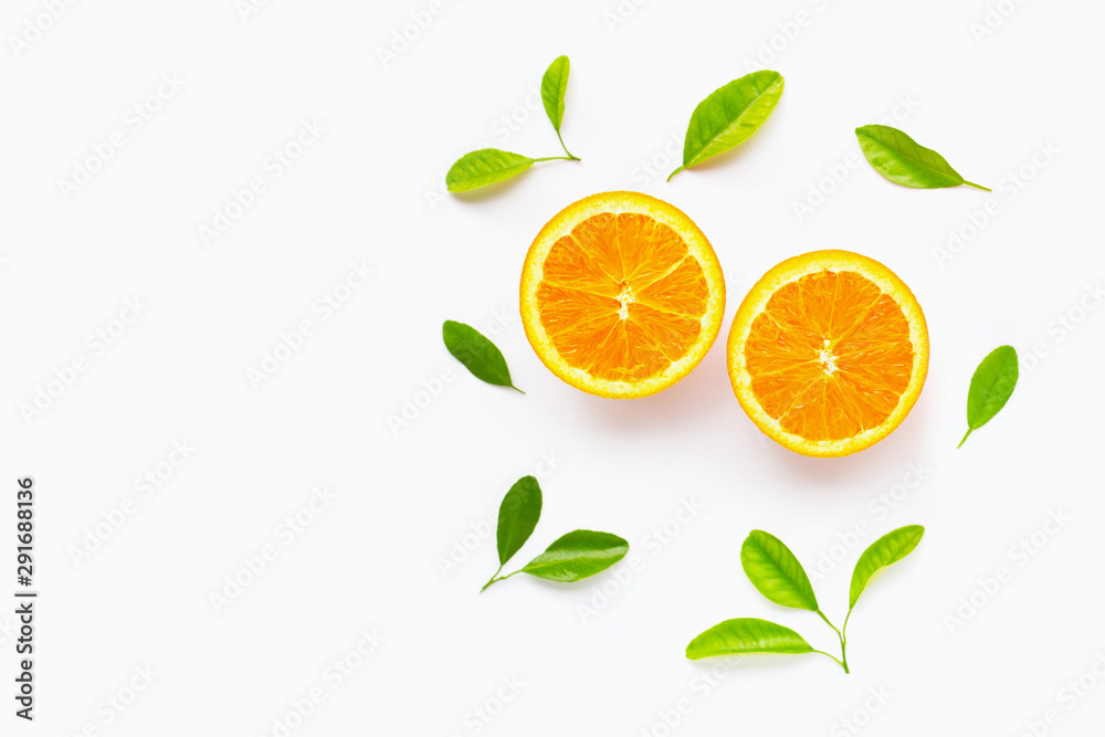 Fresh orange citrus fruit with leaves isolated on white background. Fresh orange citrus fruit with leaves isolated on white background.