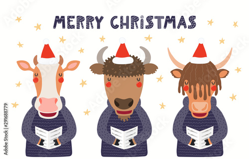 Hand drawn card with cute cow, bison, yak singing carols, with quote Merry Christmas. Vector illustration. Isolated objects on white background. Scandinavian style flat design. Concept for kids print.
