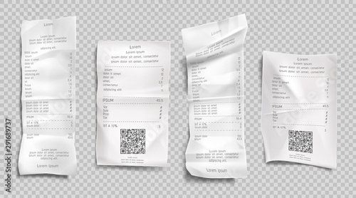 Receipt invoice, paper bills with qr codes for scan set isolated on transparent background. Supermarket shopping retail check and total cost store sale payment blank. Realistic 3d vector illustration