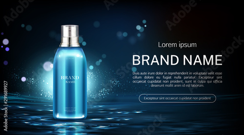 Cosmetics spray bottle mock up banner. Beauty product package on water surface background. Night moisturize lotion tube mockup, natural cosmetic skin care promo ad. Realistic 3d vector illustration