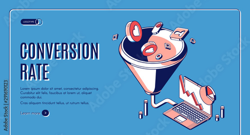 Conversion rate isometric web banner. Funnel sales channel, inbound business marketing buyer conversion and money profit generation or purchase infochart infographics. 3d vector line art landing page