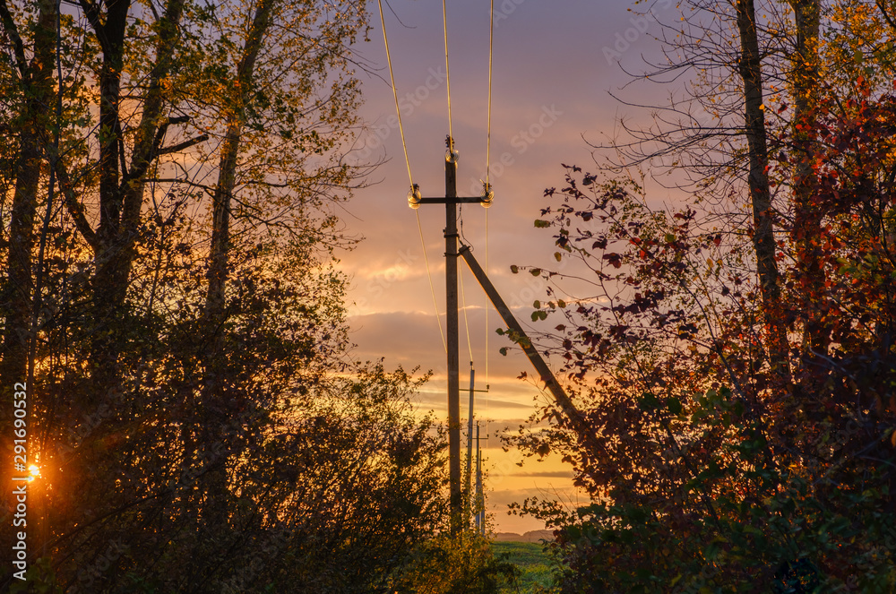 Obraz premium Power line on the background of beautiful dramatic sunset . Electrical wires on poles