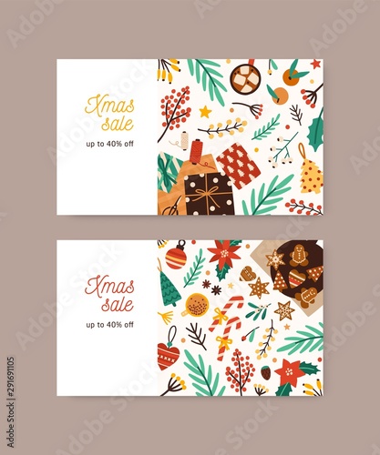 Xmas sale promo banner vector templates. Seasonal shopping event flyer, adver...