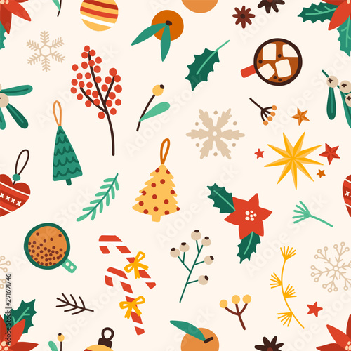 Christmas accessories flat vector seamless pattern