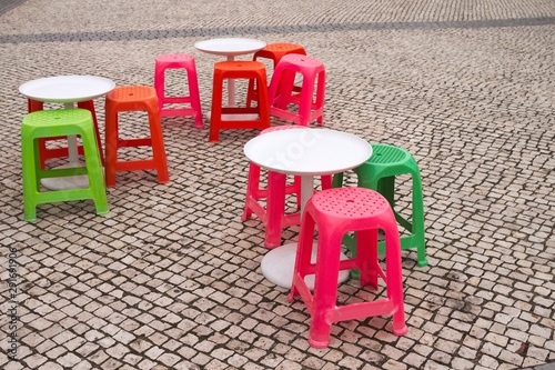 Little colored tables and seats for kids (Porto Santo, Madeira, Portugal)